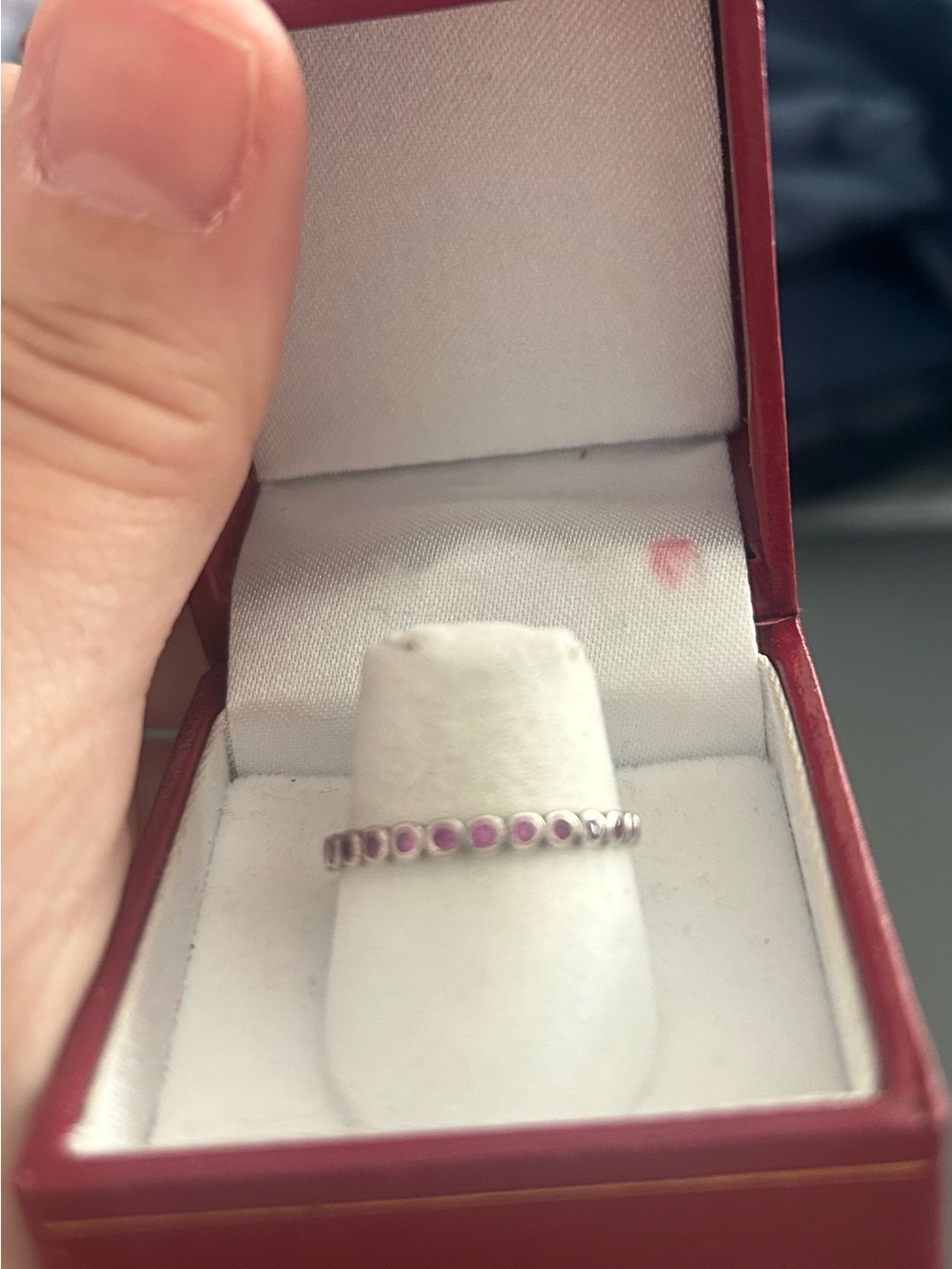 Silver Band Ring with Pink Gem Accents